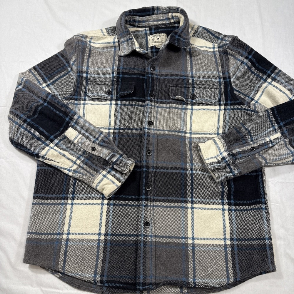 Flannel Shirt Men's Large Heavy Plaid American Eagle Button-Up Long Sleeve